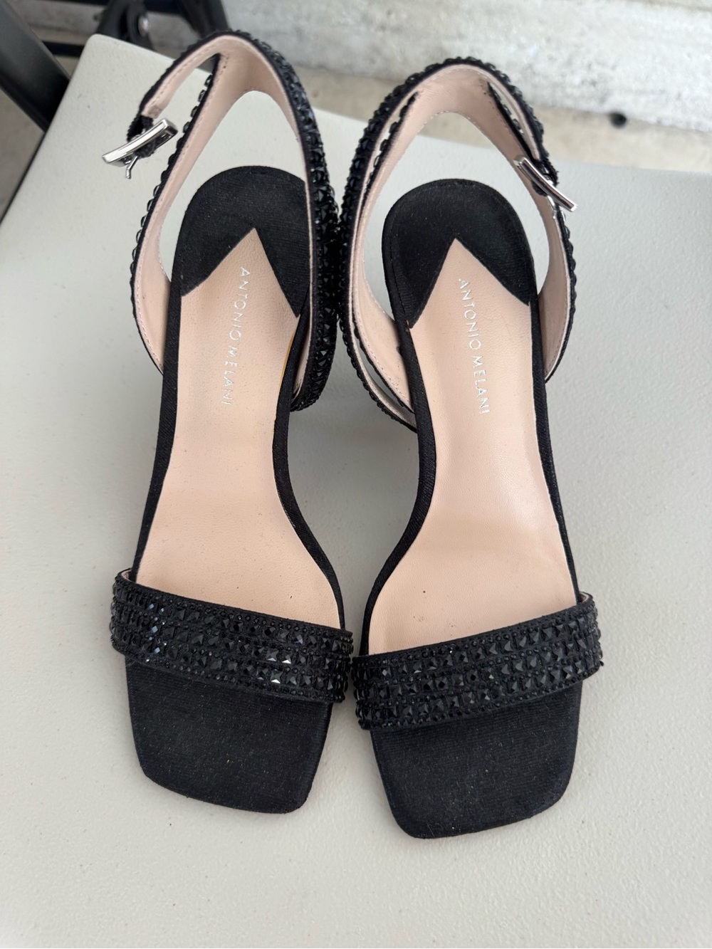 ANTONIO MELANI Black Beaded Open-Toe Ankle-Strap Heels